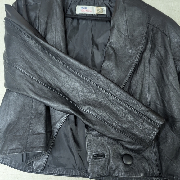 Vintage 80s Avon Fashions Black Leather Cropped Jacket - Mob Wife Blazer SZ M - Picture 7 of 13